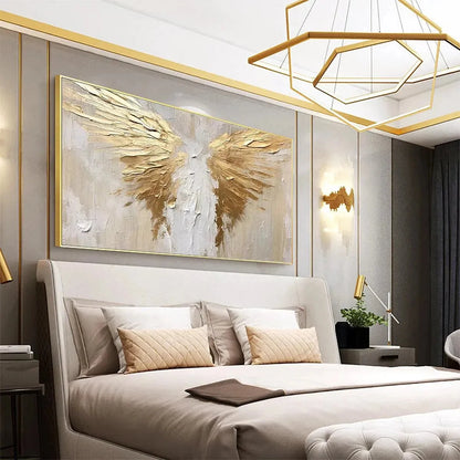 GOLDEN WINGS: Textured Abstract Painting, Gold and Beige Wall Art, Panoramic Canvas, Modern Decor | Figurative mood, soft natural light studio shot