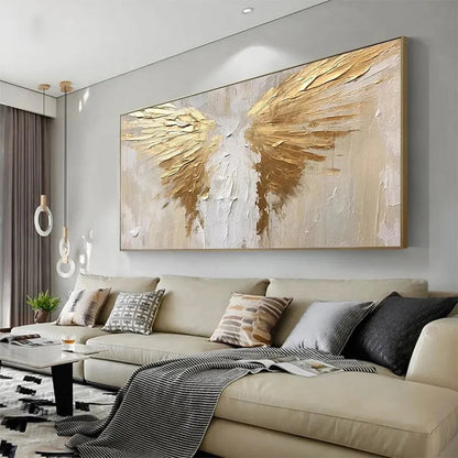GOLDEN WINGS: Textured Abstract Painting, Gold and Beige Wall Art, Panoramic Canvas, Modern Decor | yellow palette, original oil on stretched canvas art