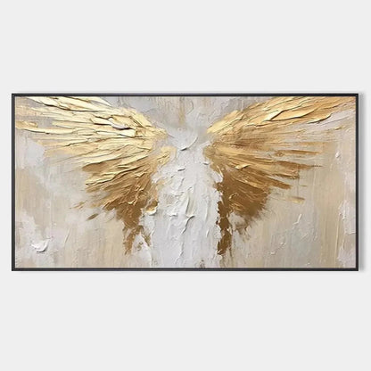 GOLDEN WINGS: Textured Abstract Painting, Gold and Beige Wall Art, Panoramic Canvas, Modern Decor | hanging in living room, Figurative wall art
