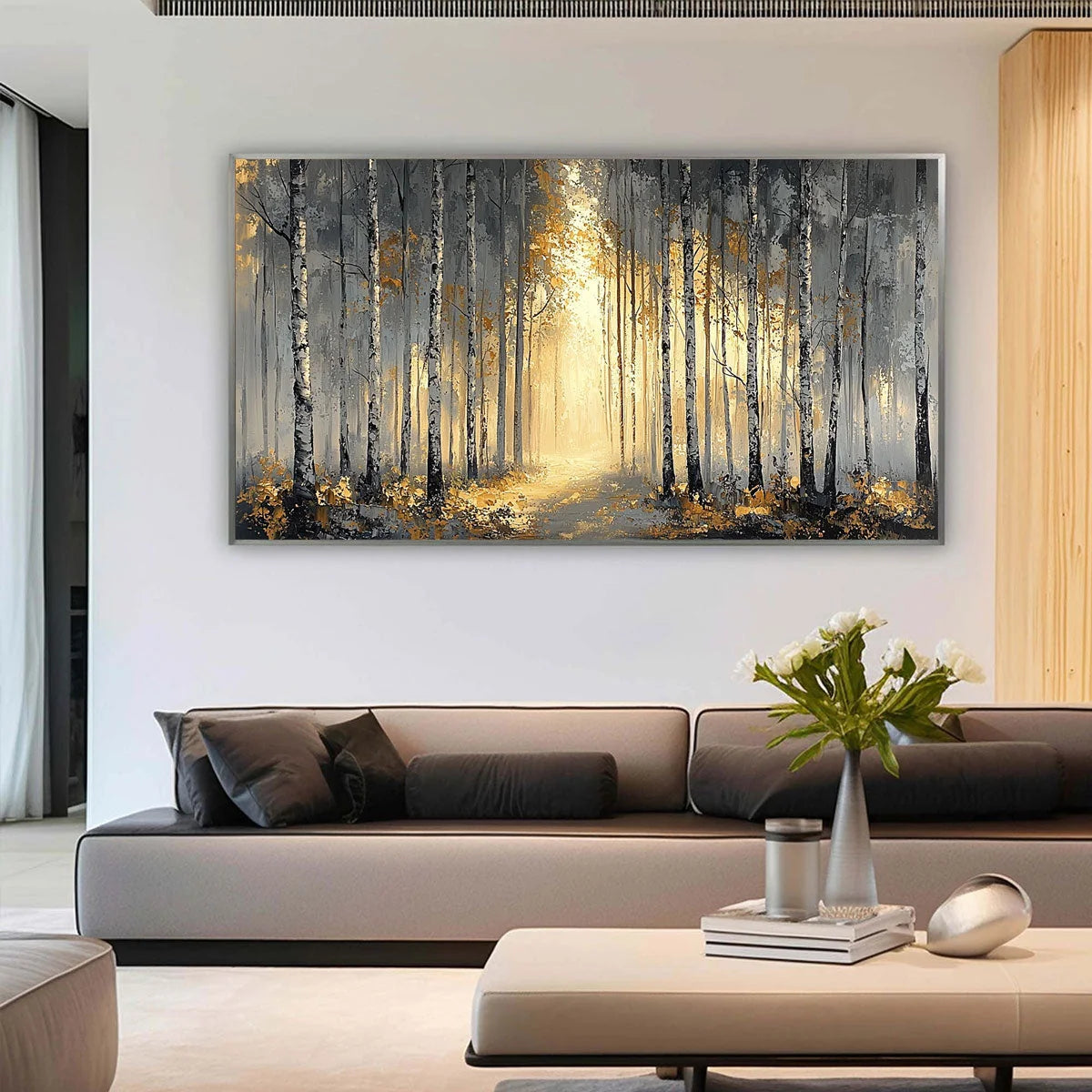 GOLDEN WOODS: Atmospheric Forest Landscape Oil Painting | gold frame stretched on neutral wall