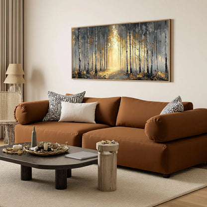 GOLDEN WOODS: Atmospheric Forest Landscape Oil Painting | black frame version on white wall
