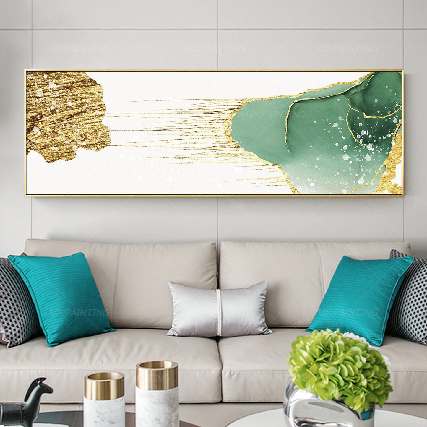 Gouden blauwgroen abstracte kunst: grote canvasprint, ingelijst schilderij (digi #2