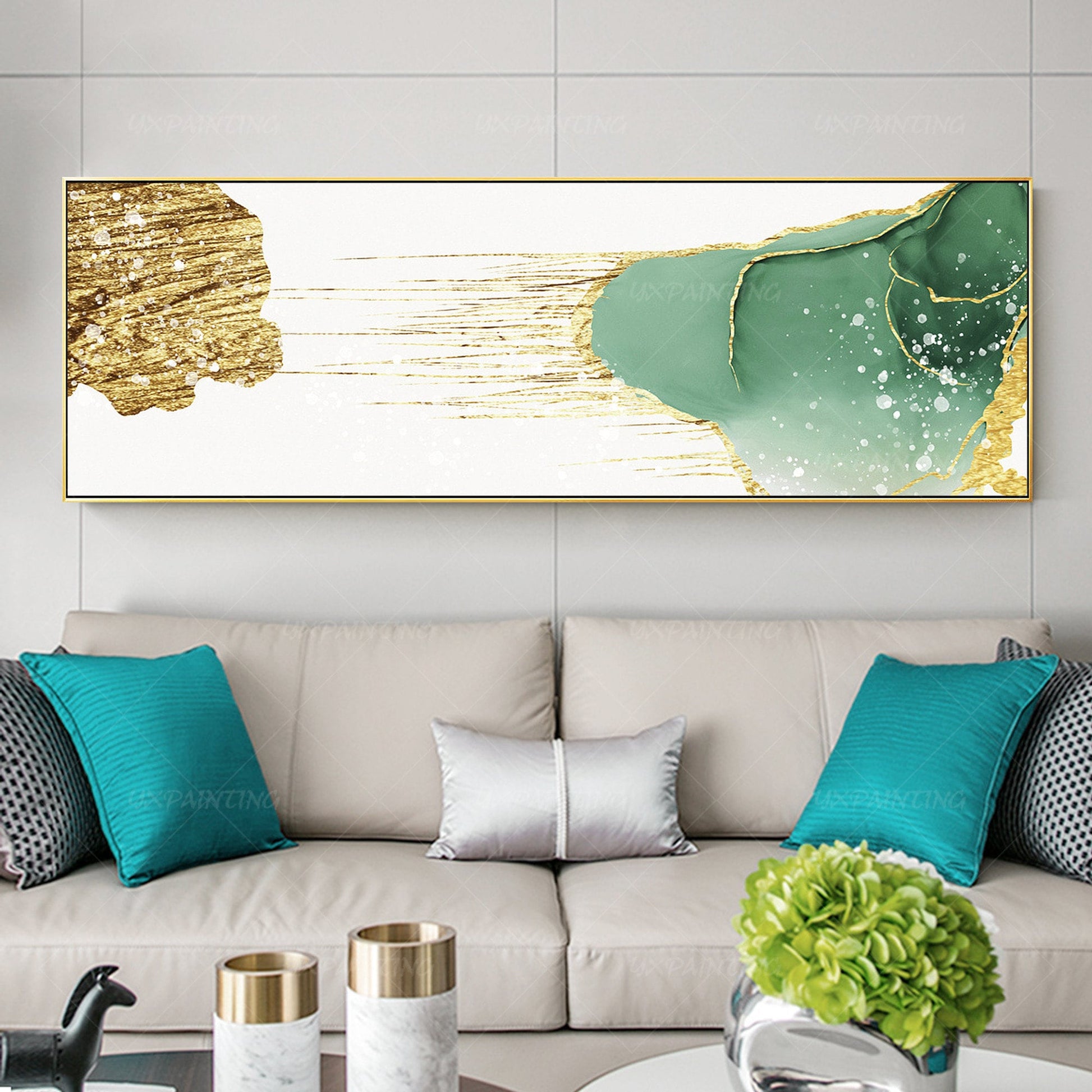 Gouden blauwgroen abstracte kunst: grote canvasprint, ingelijst schilderij (digi #2
