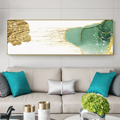 Gouden blauwgroen abstracte kunst: grote canvasprint, ingelijst schilderij (digi #2