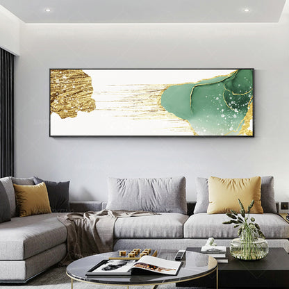 Gouden blauwgroen abstracte kunst: grote canvasprint, ingelijst schilderij (digi #14