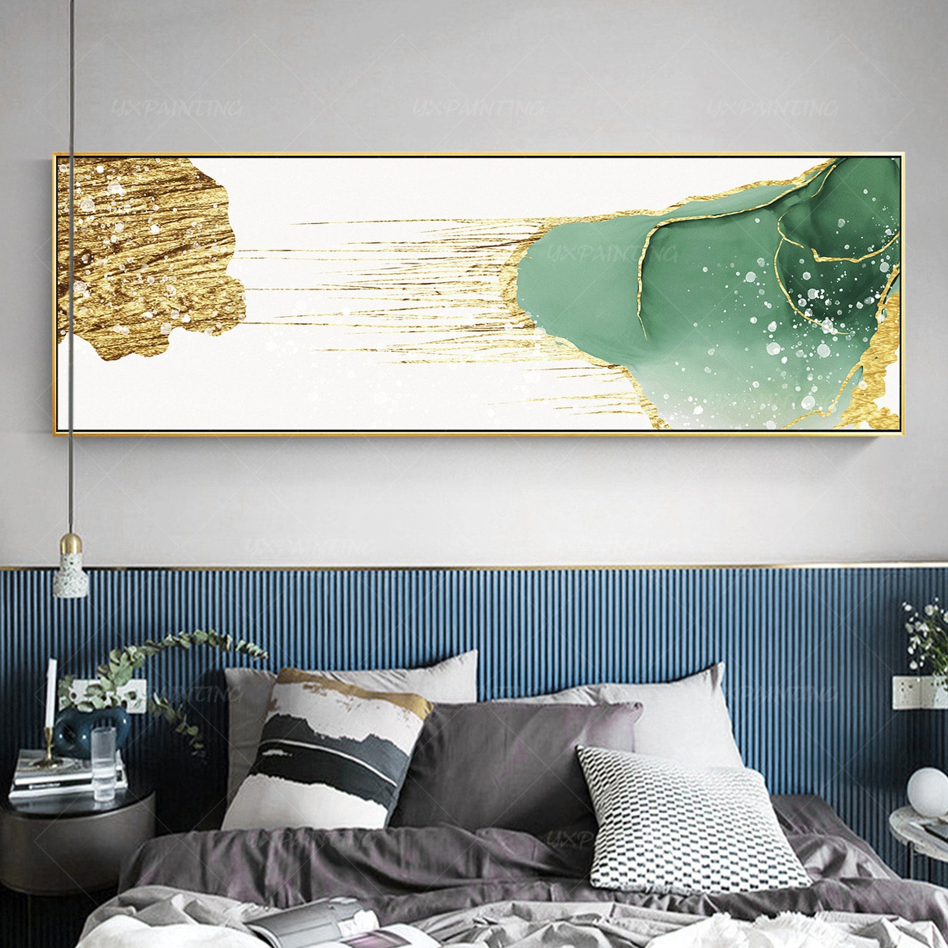 Gouden blauwgroen abstracte kunst: grote canvasprint, ingelijst schilderij (digi #15