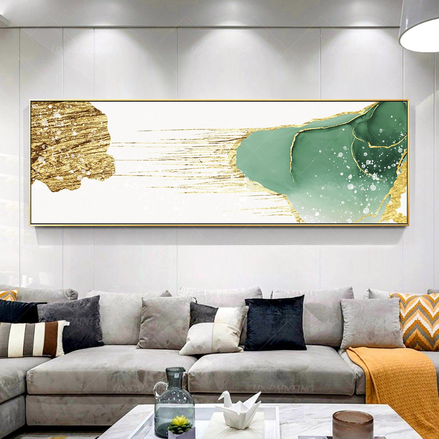 Gouden blauwgroen abstracte kunst: grote canvasprint, ingelijst schilderij (digi #3