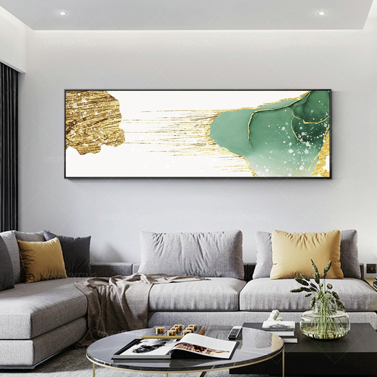 Gouden blauwgroen abstracte kunst: grote canvasprint, ingelijst schilderij (digi #4