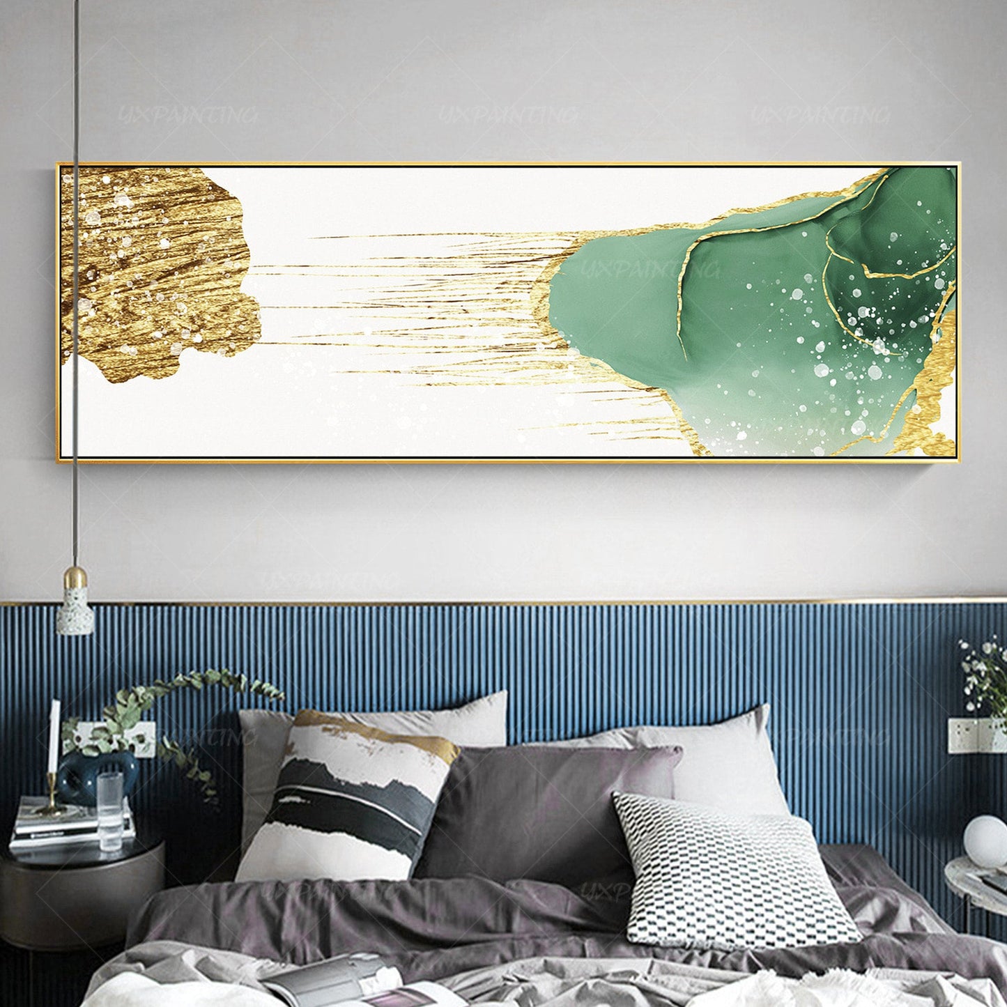 Gouden blauwgroen abstracte kunst: grote canvasprint, ingelijst schilderij (digi #5