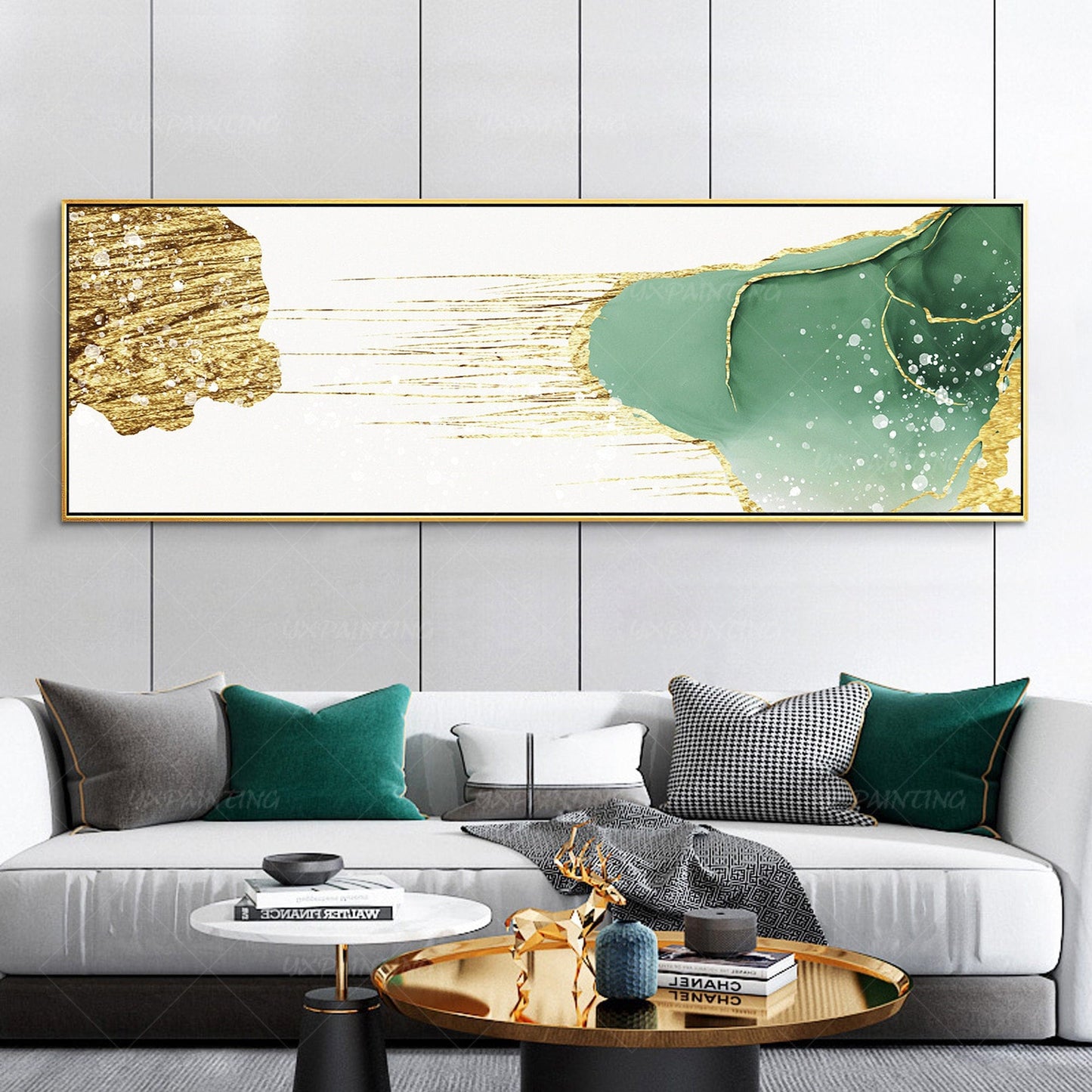Gouden blauwgroen abstracte kunst: grote canvasprint, ingelijst schilderij (digi #1