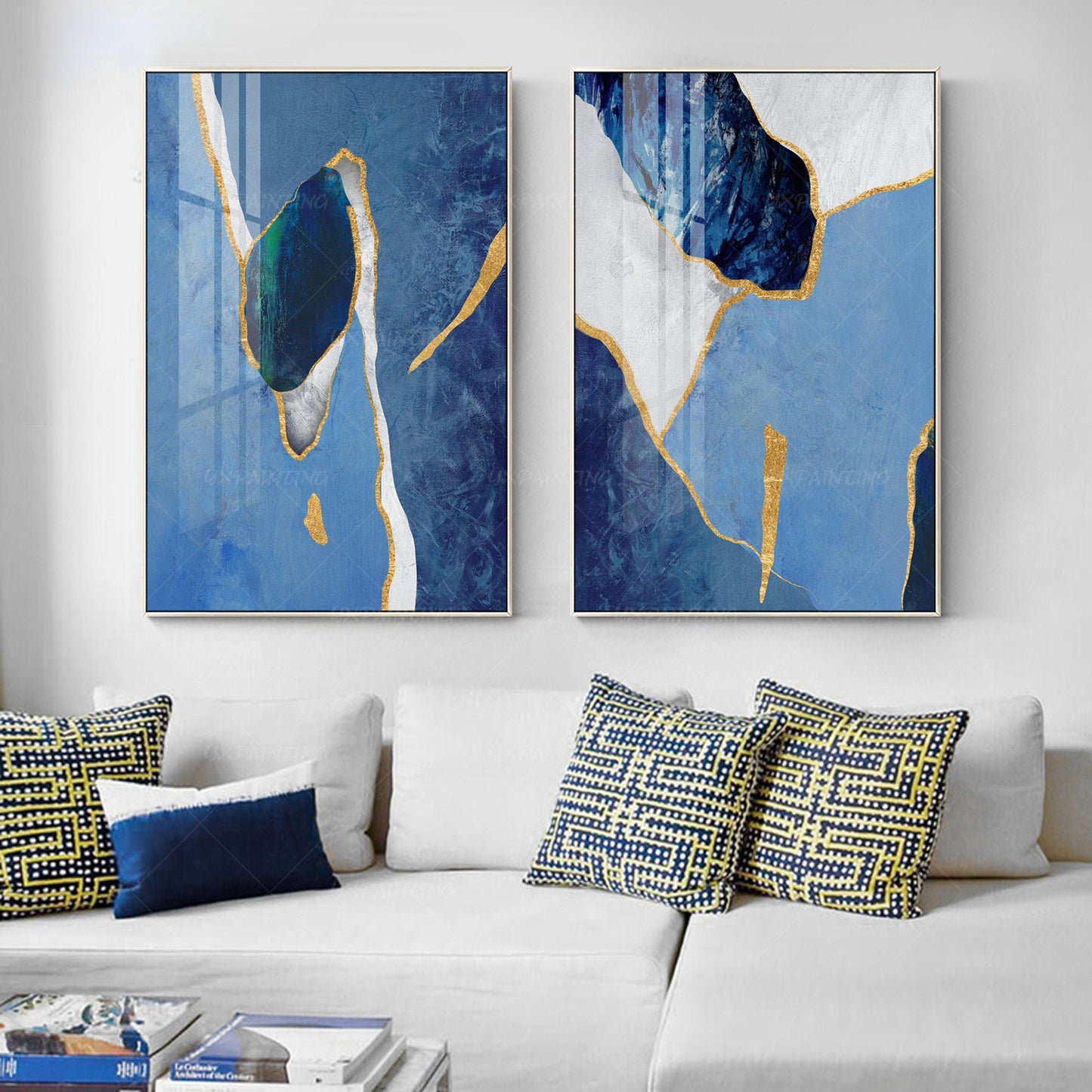 Gouden kunst 2 stuks muurkunst ingelijst schilderij set van 2 muurkunst hemelsbl #15