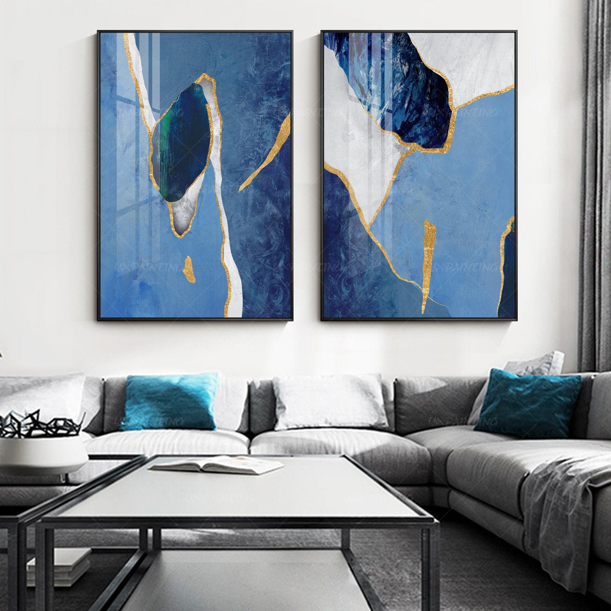 Gouden kunst 2 stuks muurkunst ingelijst schilderij set van 2 muurkunst hemelsbl #1