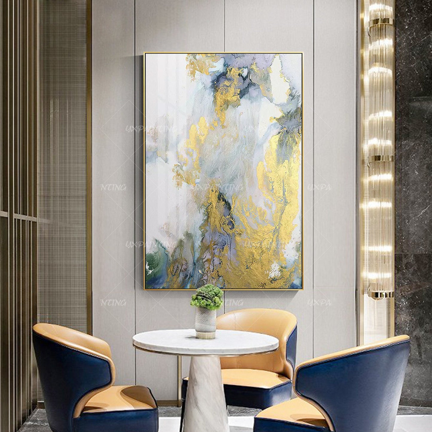 Gouden kunst abstracte acrylschilderijen op canvas origineel groen en paars inge #15
