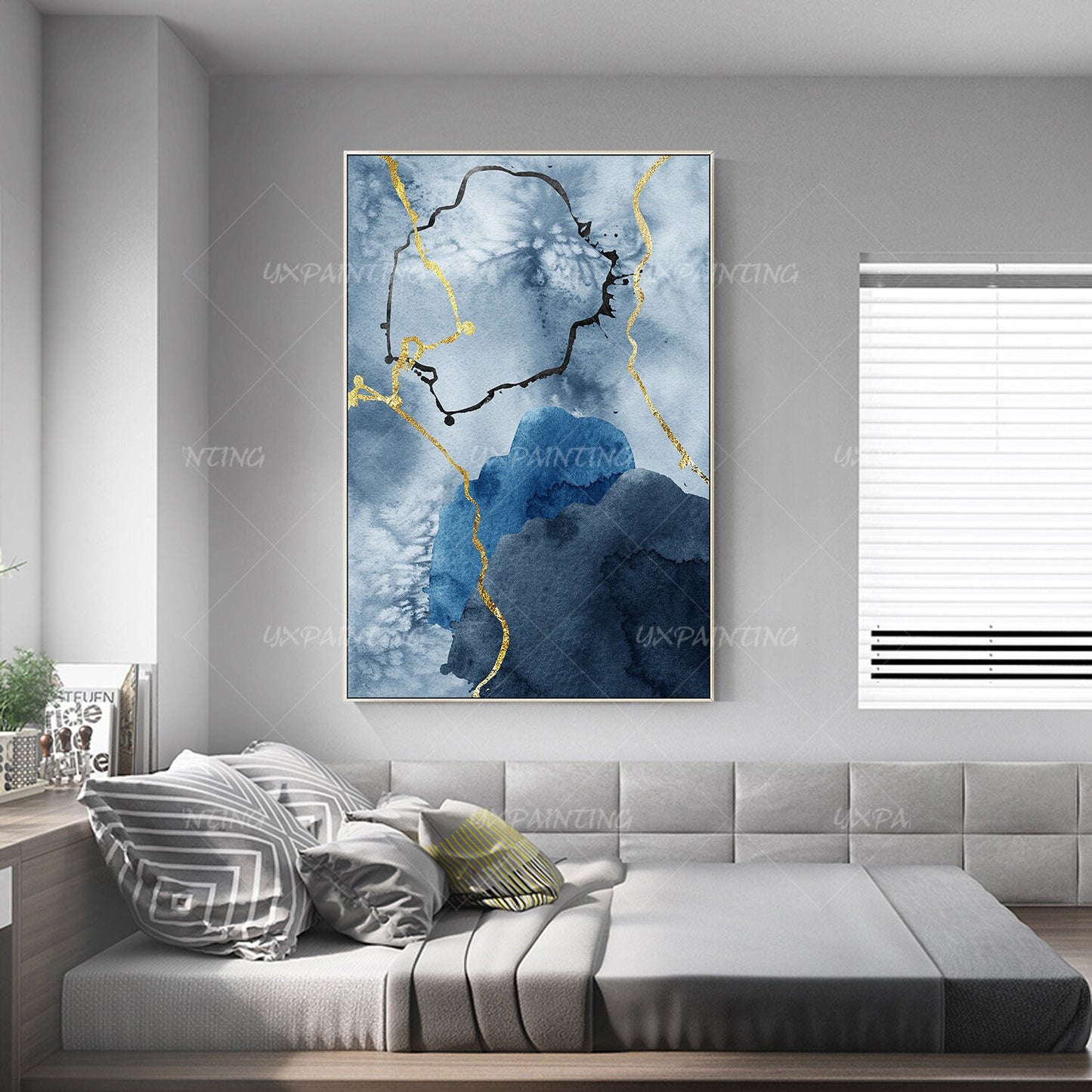 Goudfolie blauw bruin set van 2, origineel abstract schilderij op canvas, 2 stuk #16