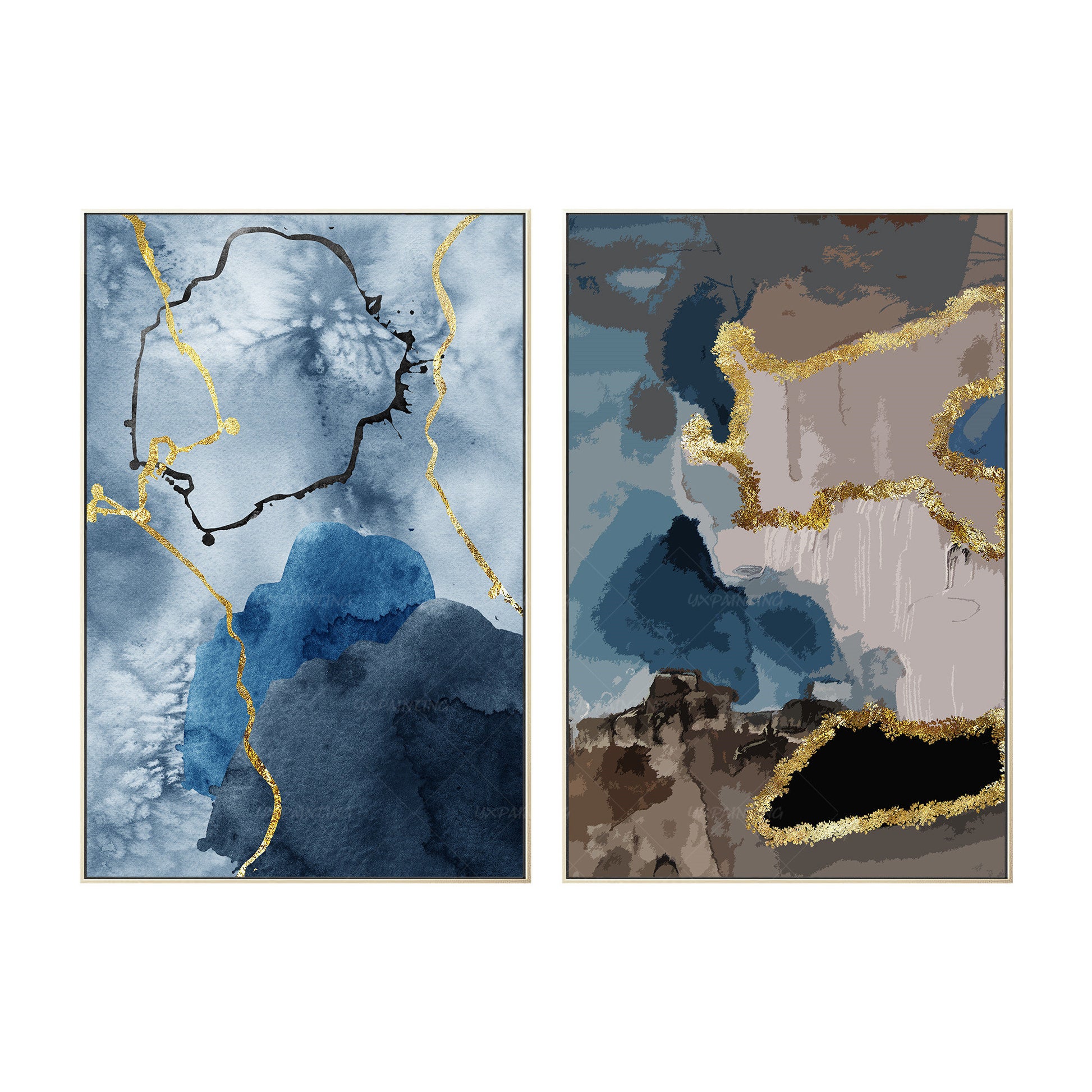 Goudfolie blauw bruin set van 2, origineel abstract schilderij op canvas, 2 stuk #19
