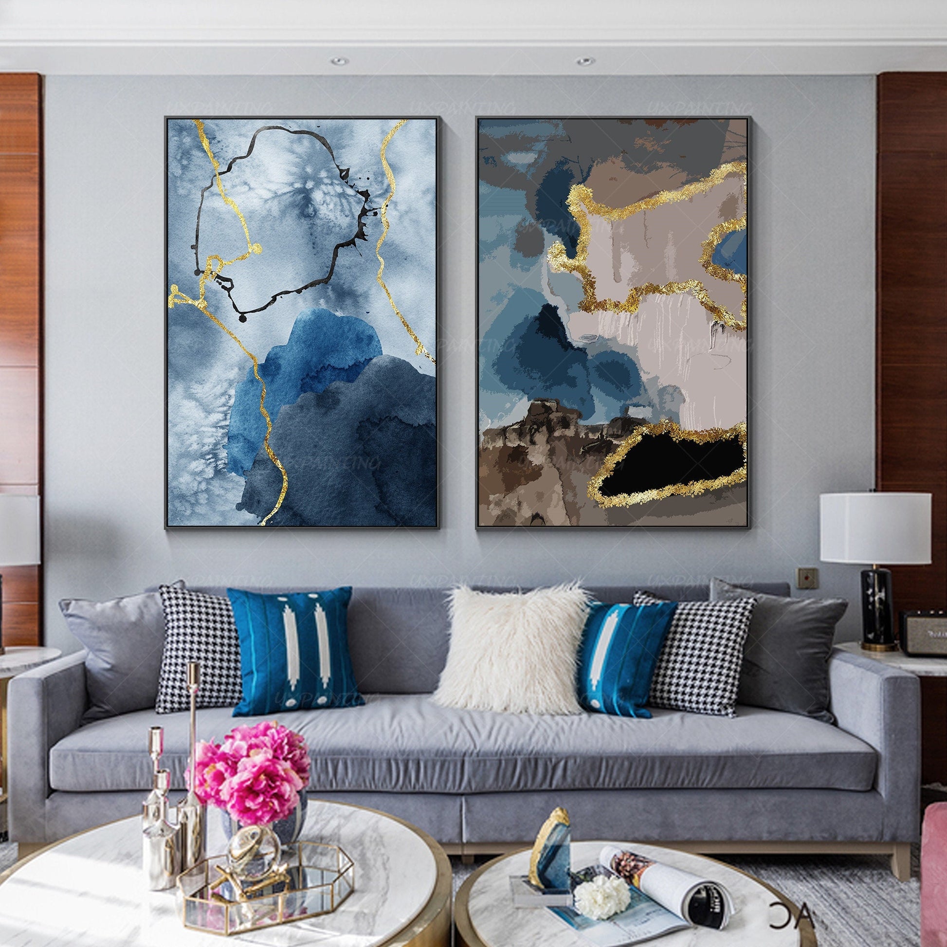 Goudfolie blauw bruin set van 2, origineel abstract schilderij op canvas, 2 stuk #3