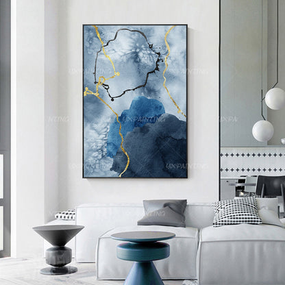 Goudfolie blauw bruin set van 2, origineel abstract schilderij op canvas, 2 stuk #5