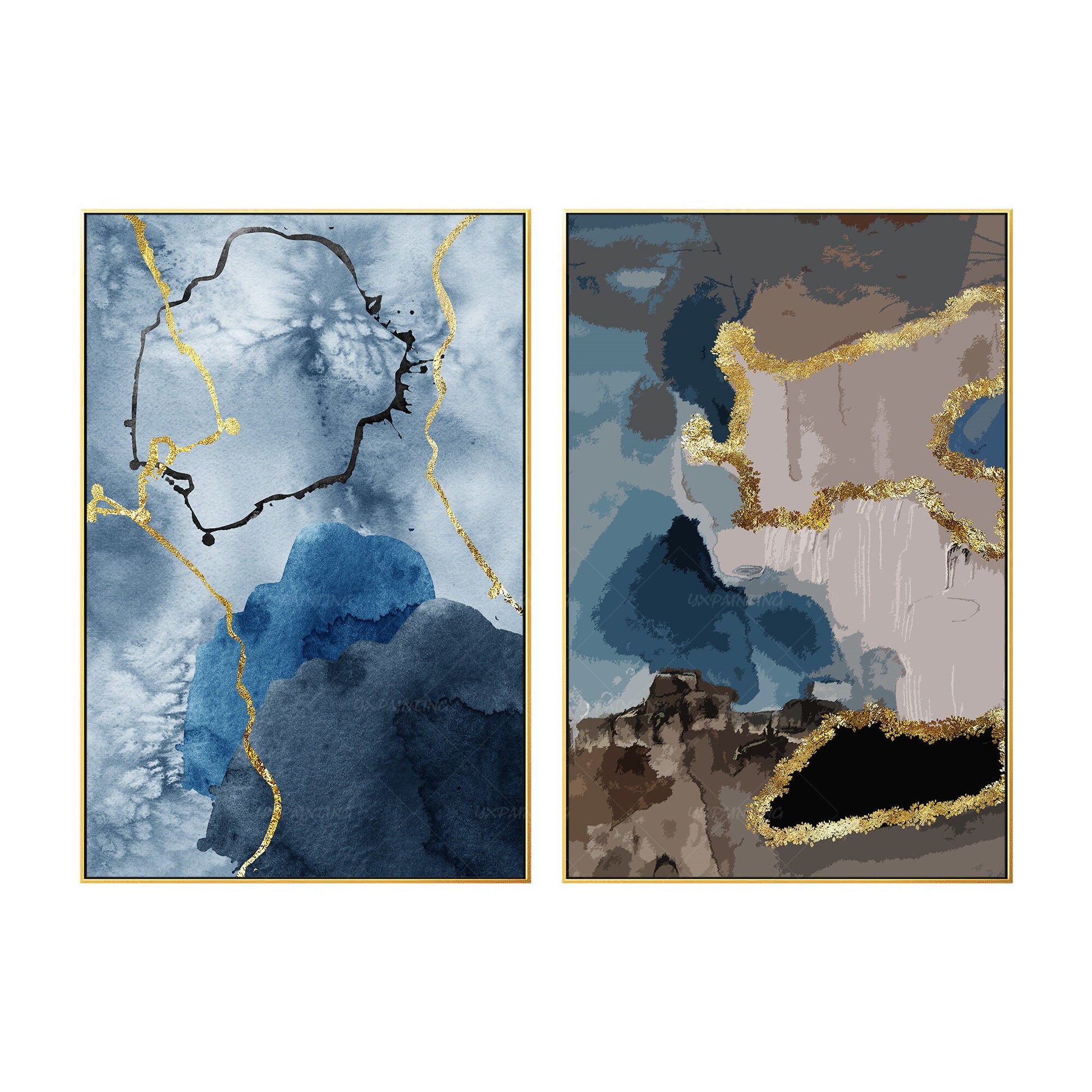 Goudfolie blauw bruin set van 2, origineel abstract schilderij op canvas, 2 stuk #8