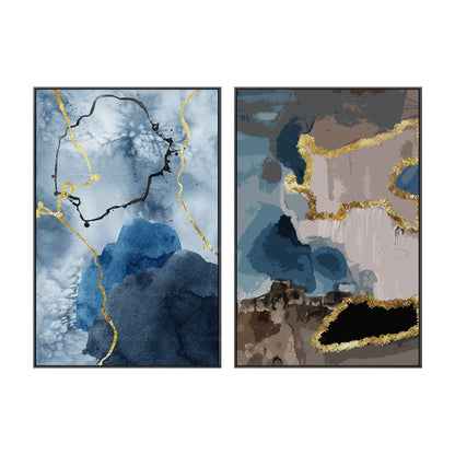 Goudfolie blauw bruin set van 2, origineel abstract schilderij op canvas, 2 stuk #10