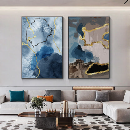 Goudfolie blauw bruin set van 2, origineel abstract schilderij op canvas, 2 stuk #1