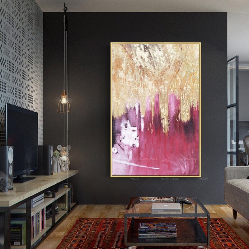 Goudfolie roze abstract schilderij op canvas, luxe gouden muurkunst decor, dopam #2