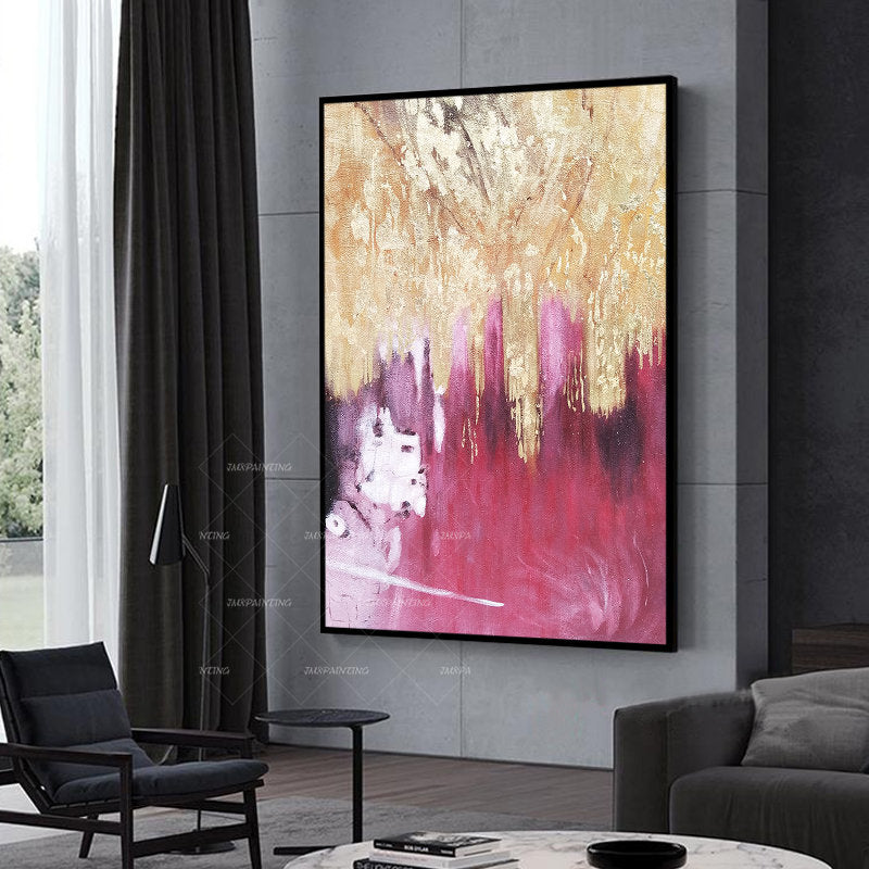 Goudfolie roze abstract schilderij op canvas, luxe gouden muurkunst decor, dopam #11