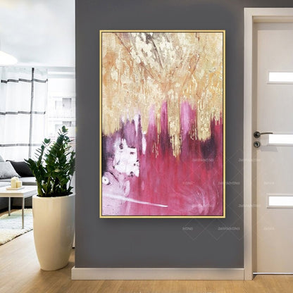 Goudfolie roze abstract schilderij op canvas, luxe gouden muurkunst decor, dopam #3