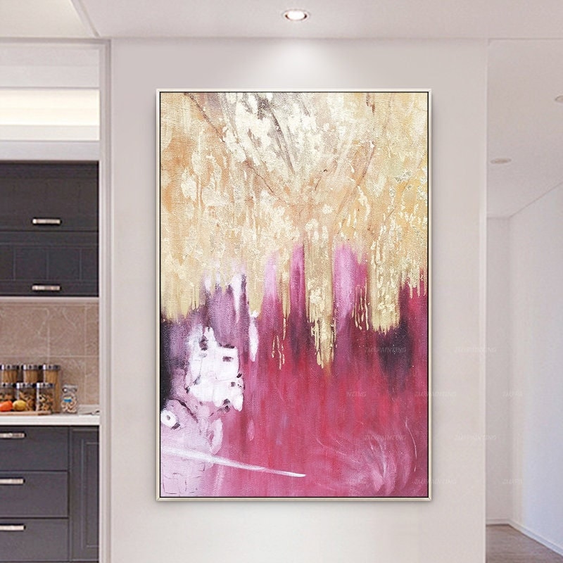 Goudfolie roze abstract schilderij op canvas, luxe gouden muurkunst decor, dopam #1