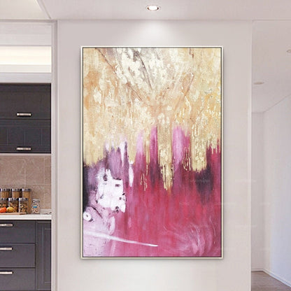 Goudfolie roze abstract schilderij op canvas, luxe gouden muurkunst decor, dopam #1