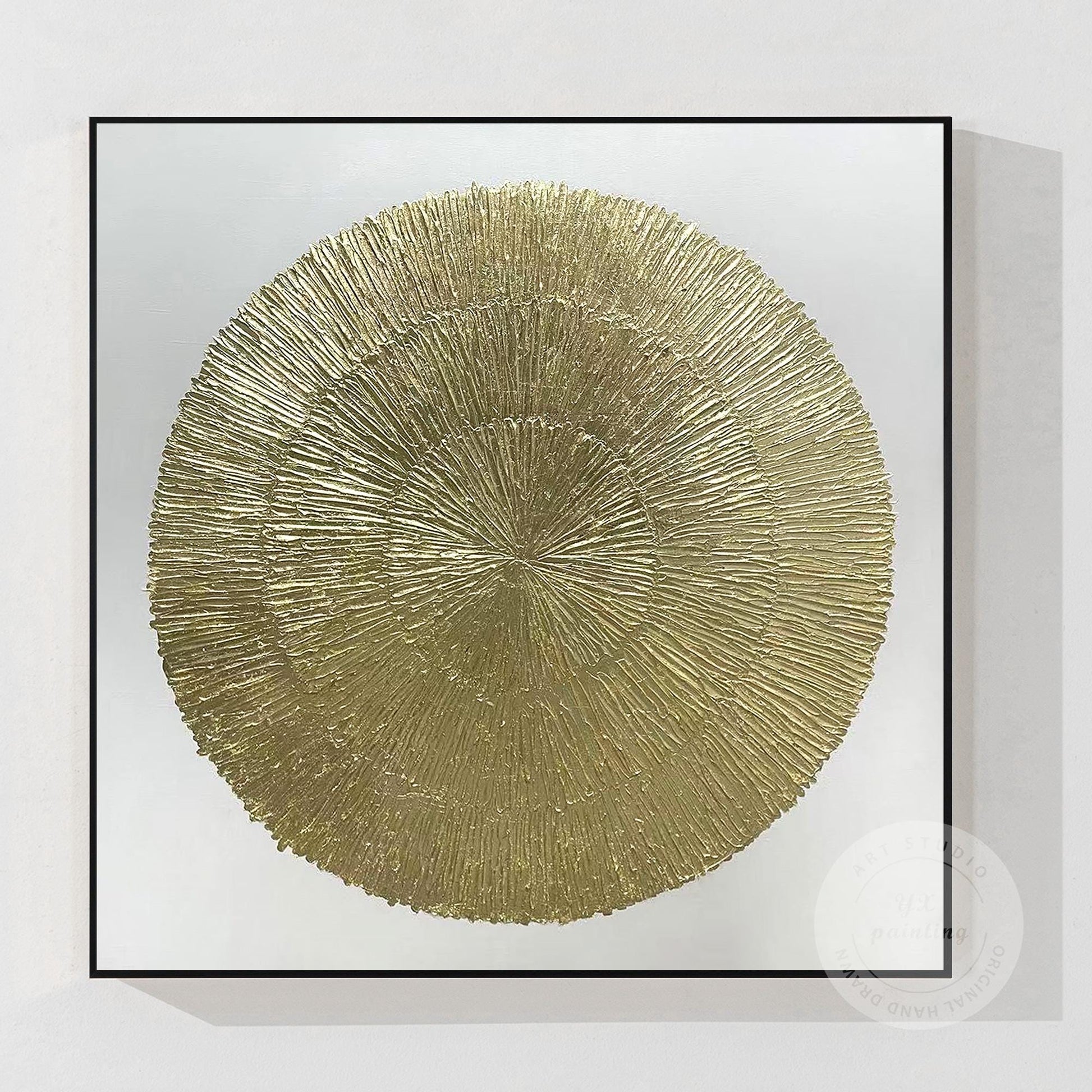 Goudfolie Zen-cirkelschilderij: abstracte canvas muurkunst met textuur #21