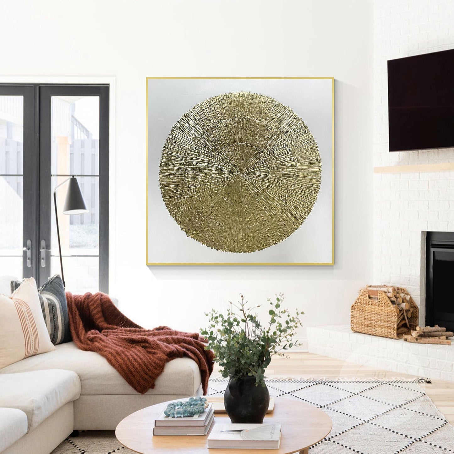 Goudfolie Zen-cirkelschilderij: abstracte canvas muurkunst met textuur #5