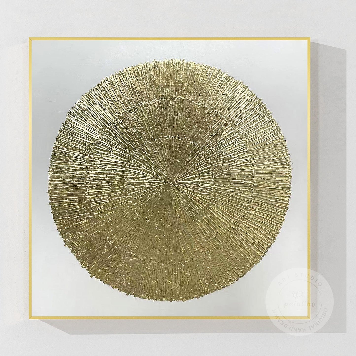 Goudfolie Zen-cirkelschilderij: abstracte canvas muurkunst met textuur #8
