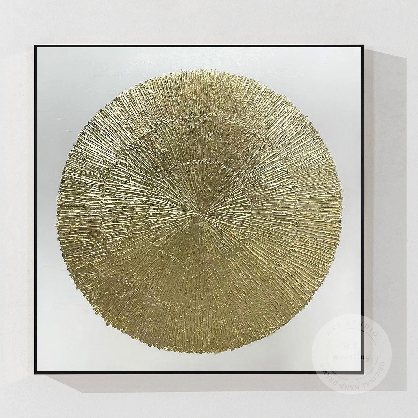 Goudfolie Zen-cirkelschilderij: abstracte canvas muurkunst met textuur #10