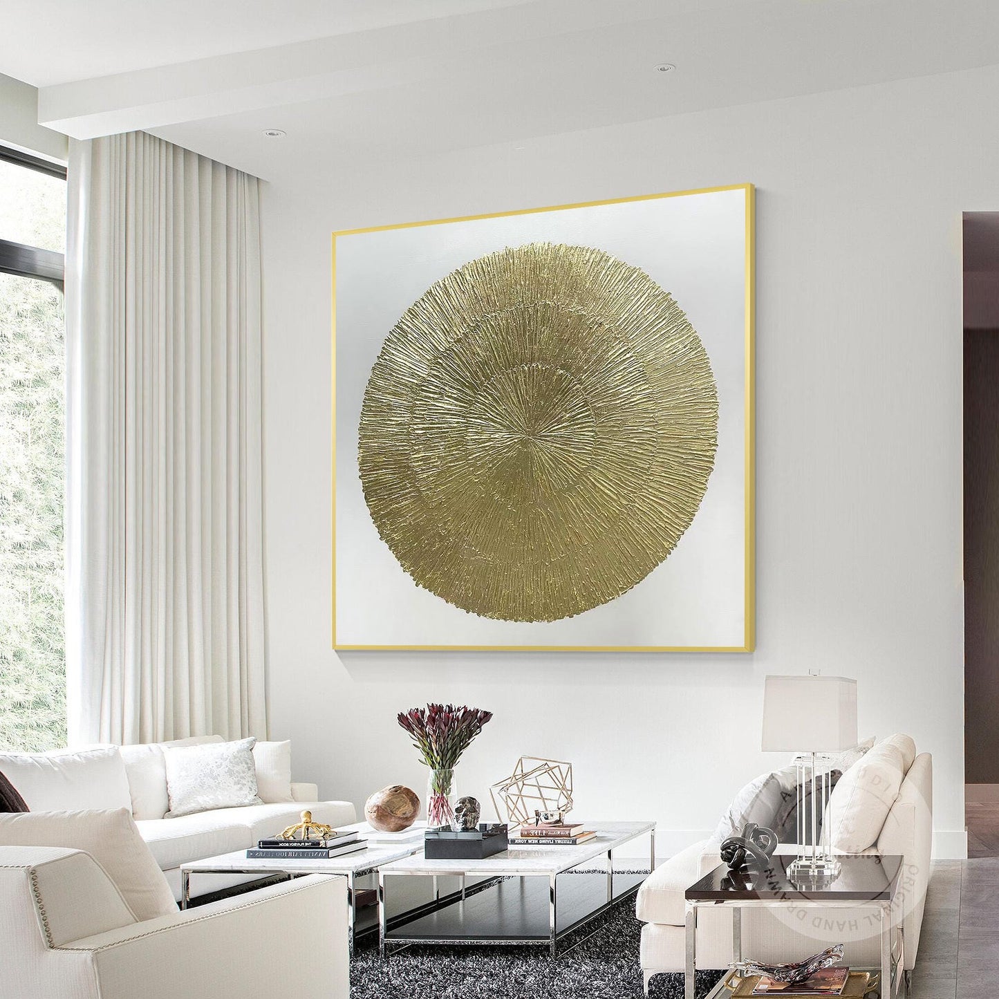 Goudfolie Zen-cirkelschilderij: abstracte canvas muurkunst met textuur #1