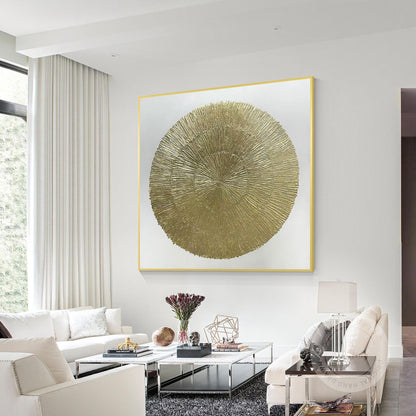 Goudfolie Zen-cirkelschilderij: abstracte canvas muurkunst met textuur #1
