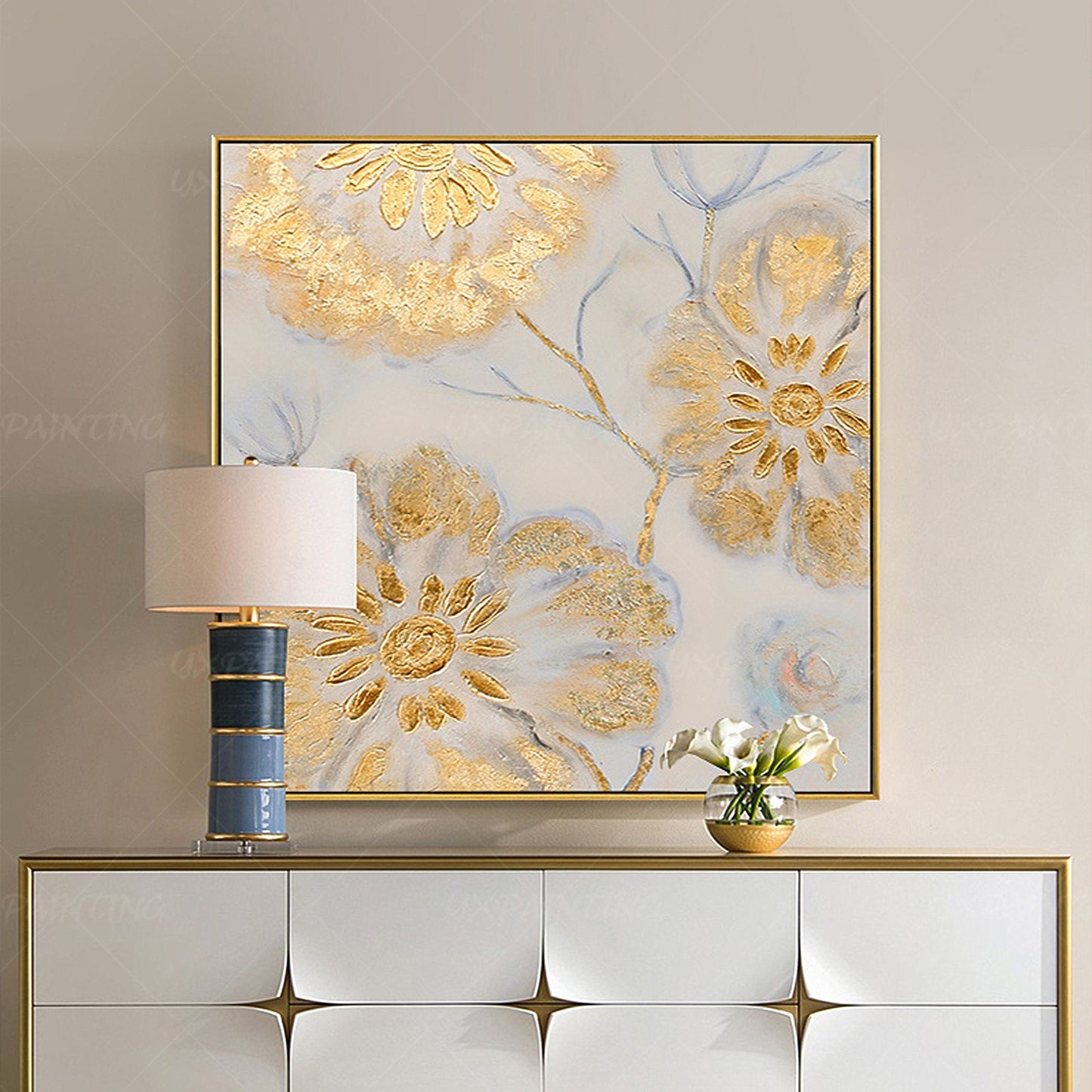 Goudkunst ingelijste muurkunst acryl bloemenschilderijen op canvas zware textuur #5