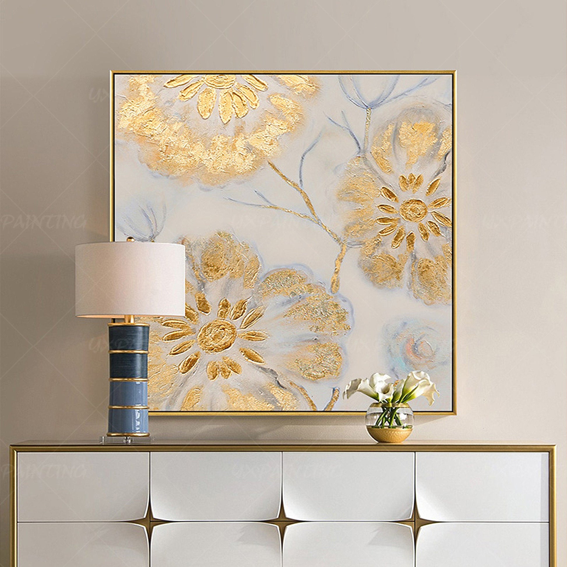 Goudkunst ingelijste muurkunst acryl bloemenschilderijen op canvas zware textuur #5