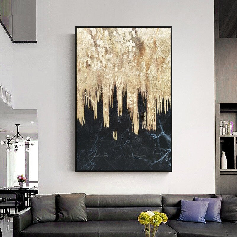 Goudkunst originele kunst waterval bladgoud ingelijste muurkunst abstracte acryl #3