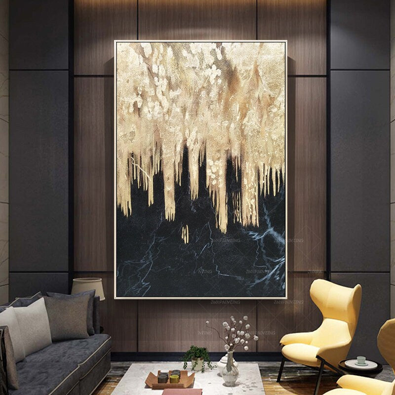 Goudkunst originele kunst waterval bladgoud ingelijste muurkunst abstracte acryl #4