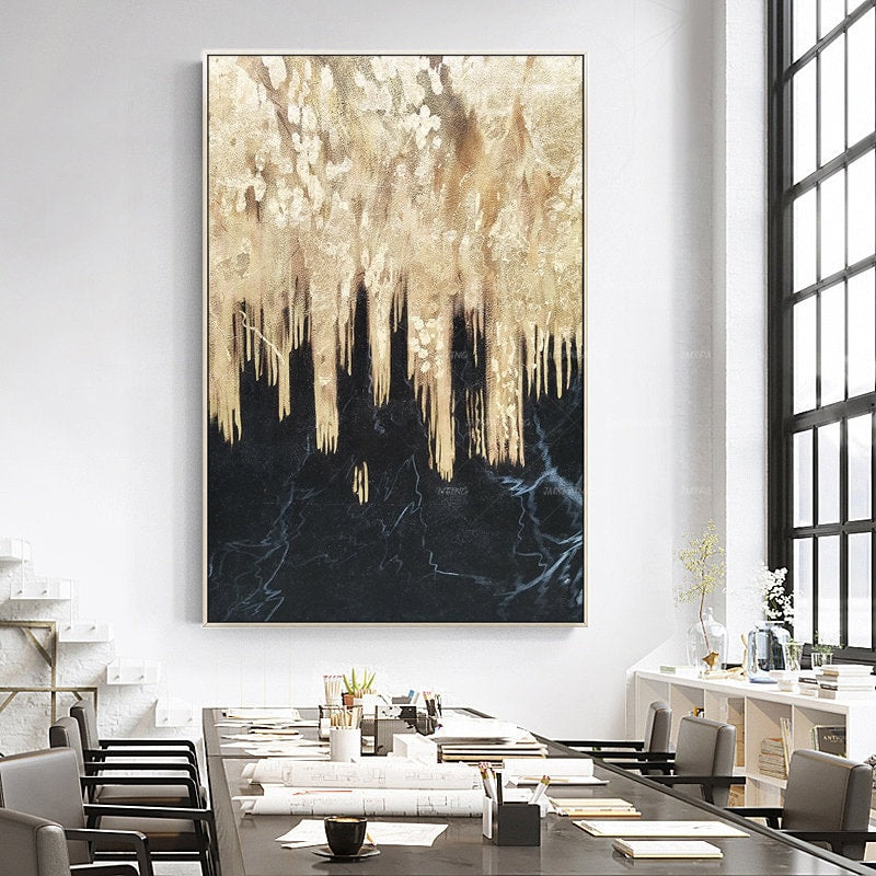 Goudkunst originele kunst waterval bladgoud ingelijste muurkunst abstracte acryl #1