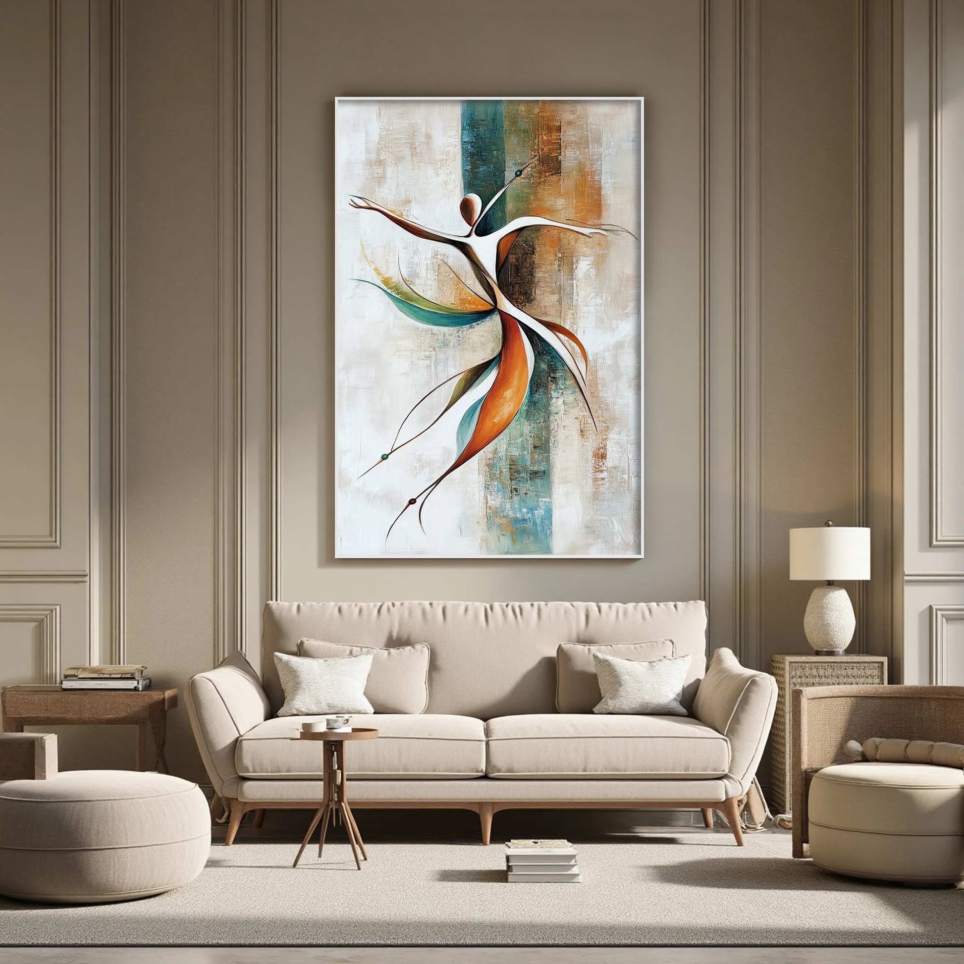 GRACE IN MOTION: Expressive Abstract Figure Oil Painting | gold frame stretched on neutral wall