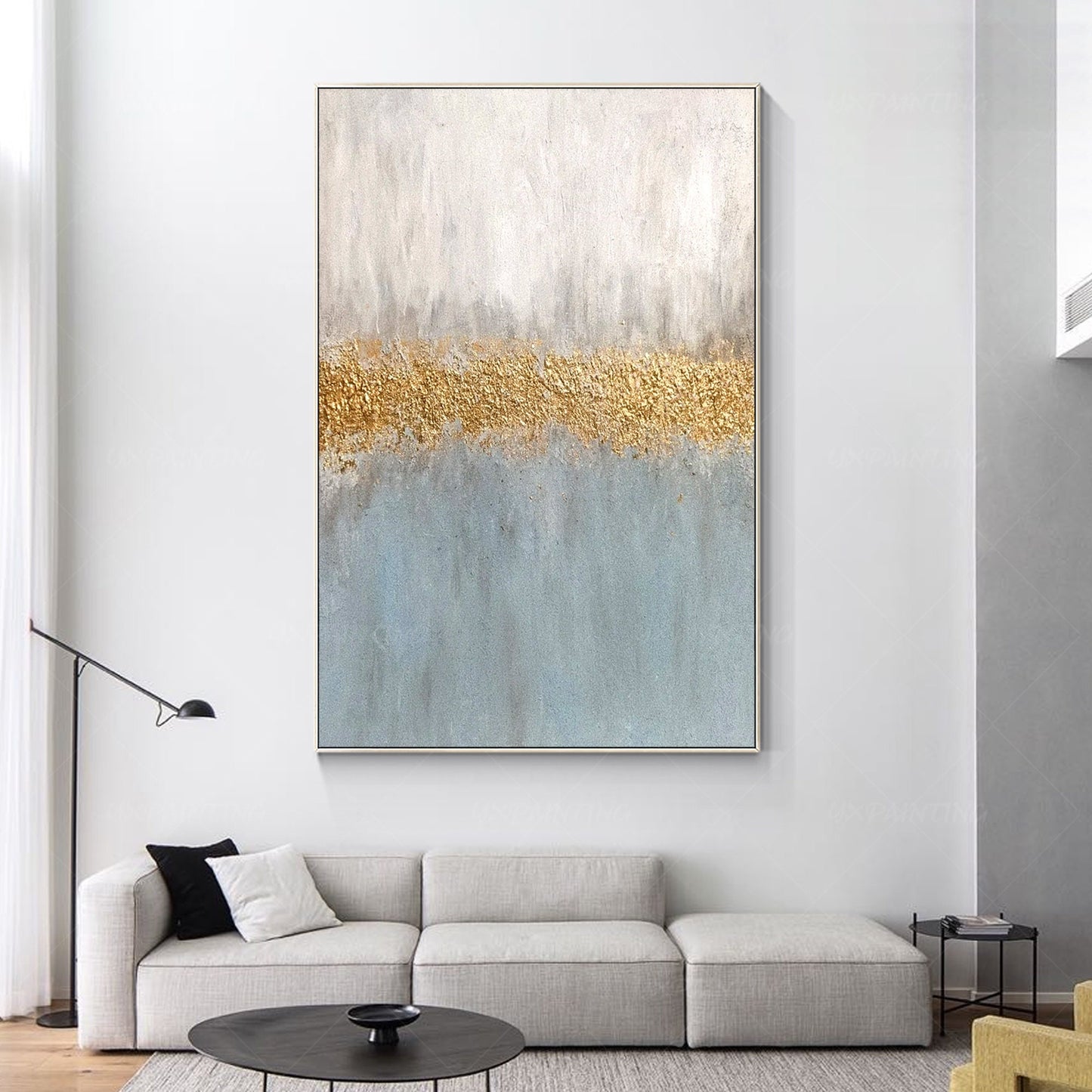Gray Blue Gold Abstract Painting: Textured Nordic Wall Art #2