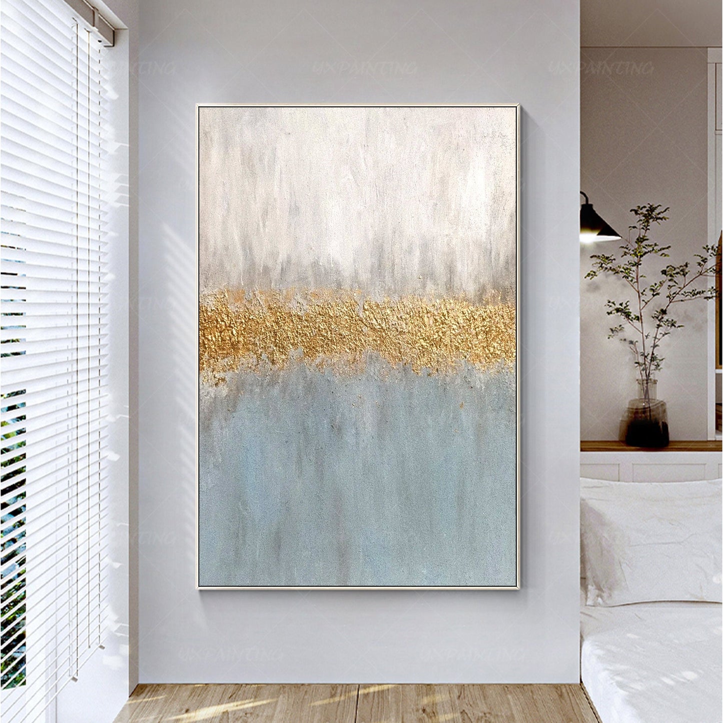 Gray Blue Gold Abstract Painting: Textured Nordic Wall Art #3