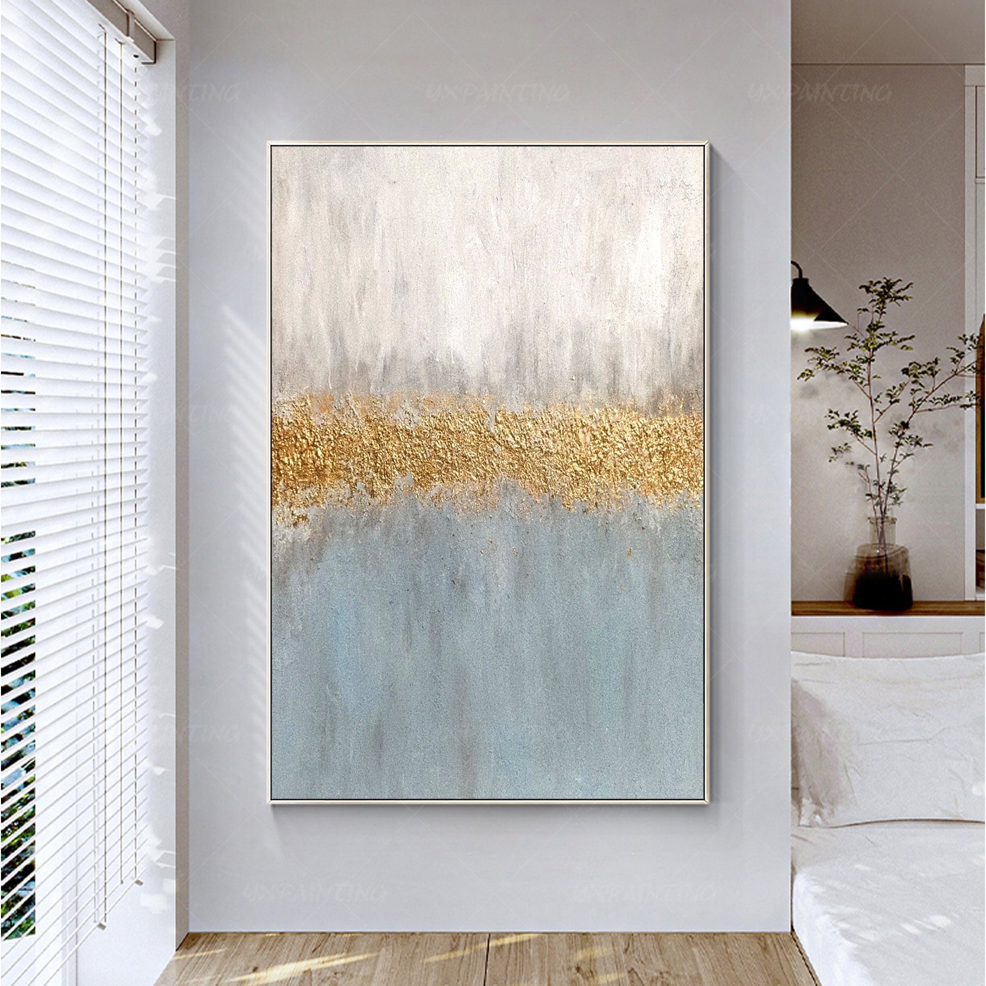 Gray Blue Gold Abstract Painting: Textured Nordic Wall Art #3