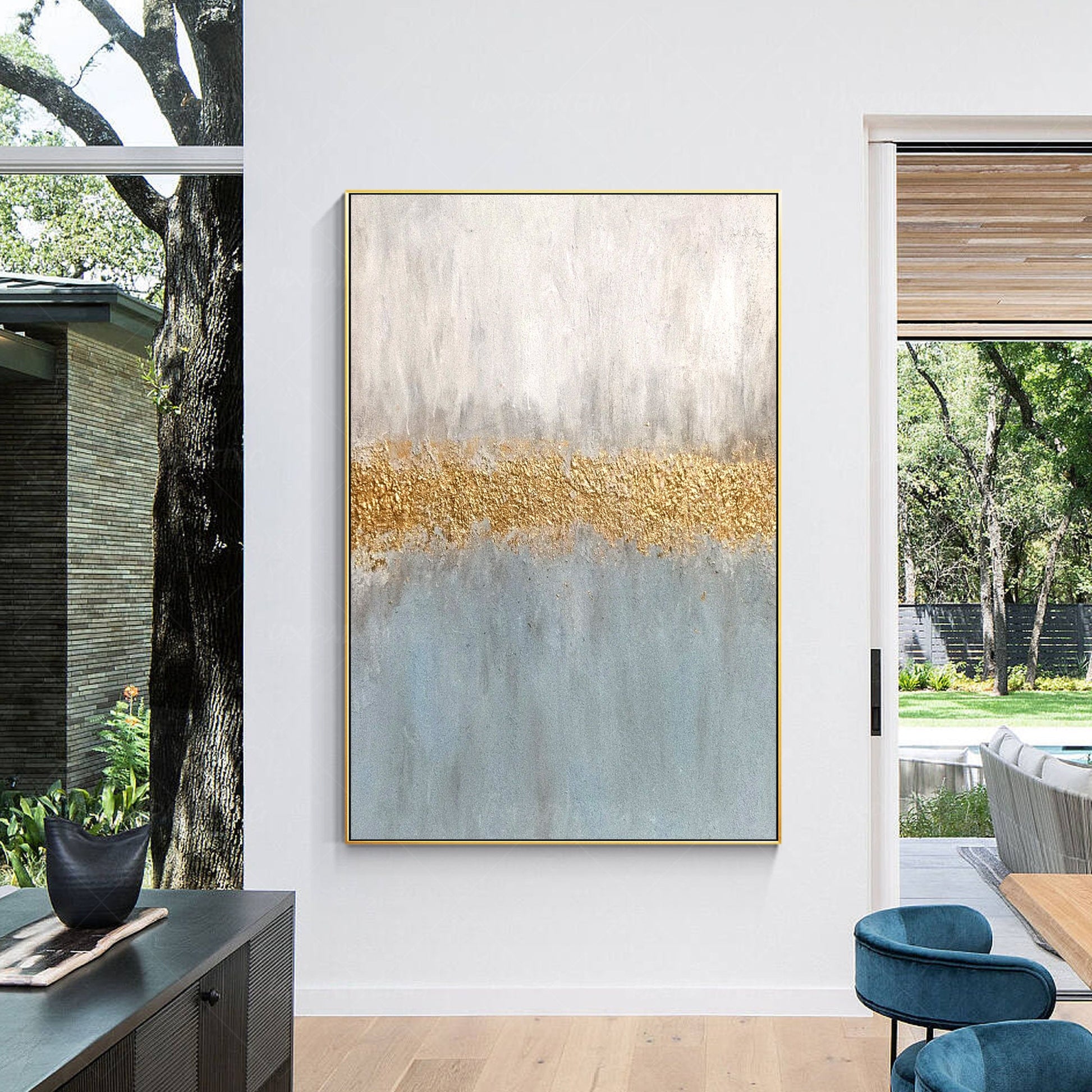 Gray Blue Gold Abstract Painting: Textured Nordic Wall Art #4