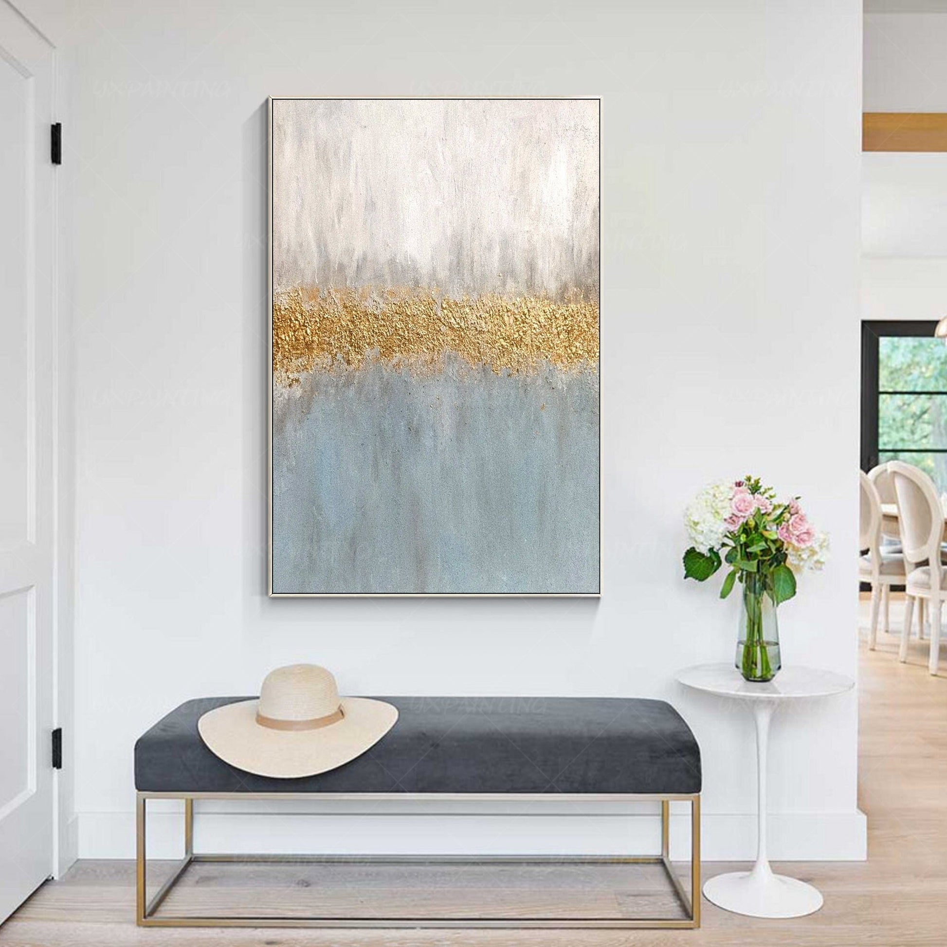 Gray Blue Gold Abstract Painting: Textured Nordic Wall Art #1