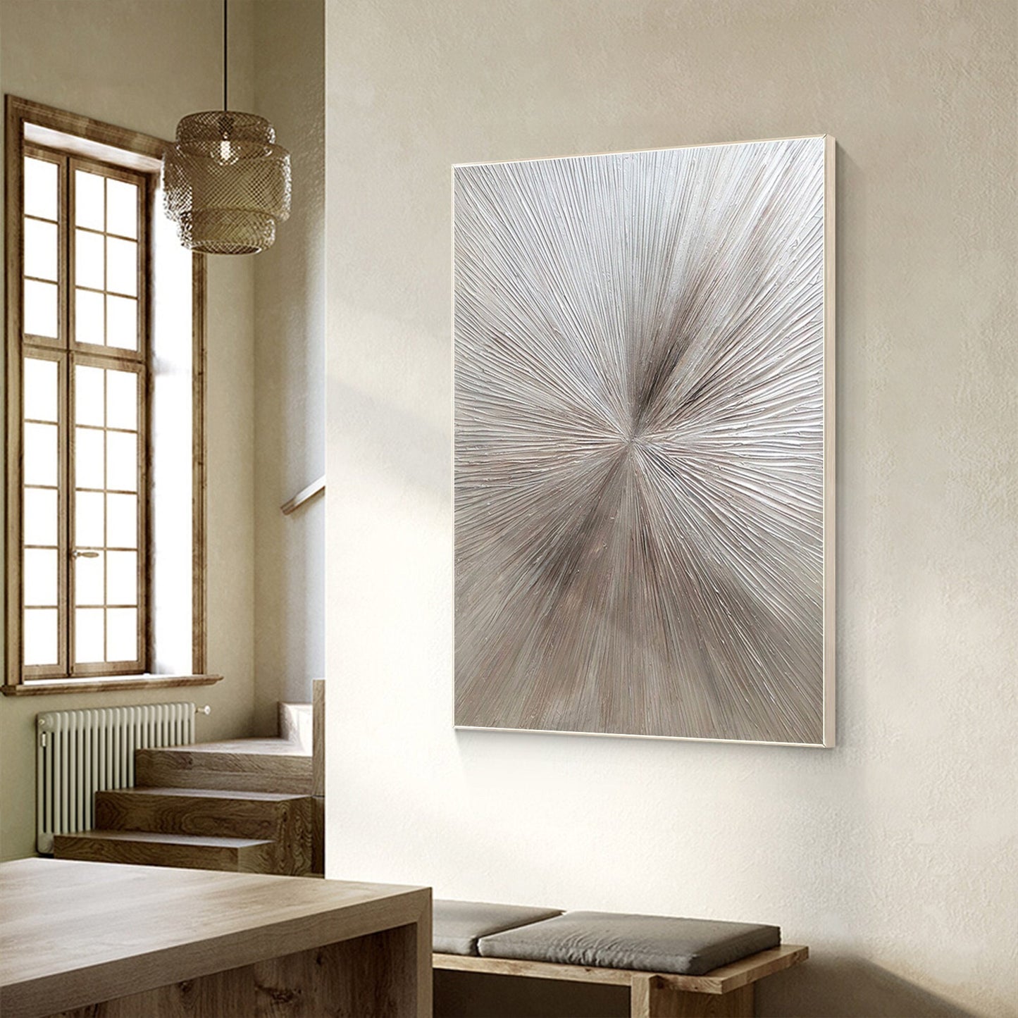 Gray Brown Rays Heavy Textured Original Painting, Livingroom Room Wall Art Decor #1