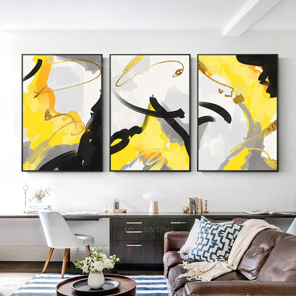 Gray Yellow Gold Leaf Abstract Painting Set of 3 Wall Art Original Paintings On  #2