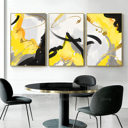 Gray Yellow Gold Leaf Abstract Painting Set of 3 Wall Art Original Paintings On  #3