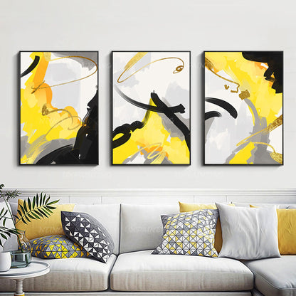 Gray Yellow Gold Leaf Abstract Painting Set of 3 Wall Art Original Paintings On  #4